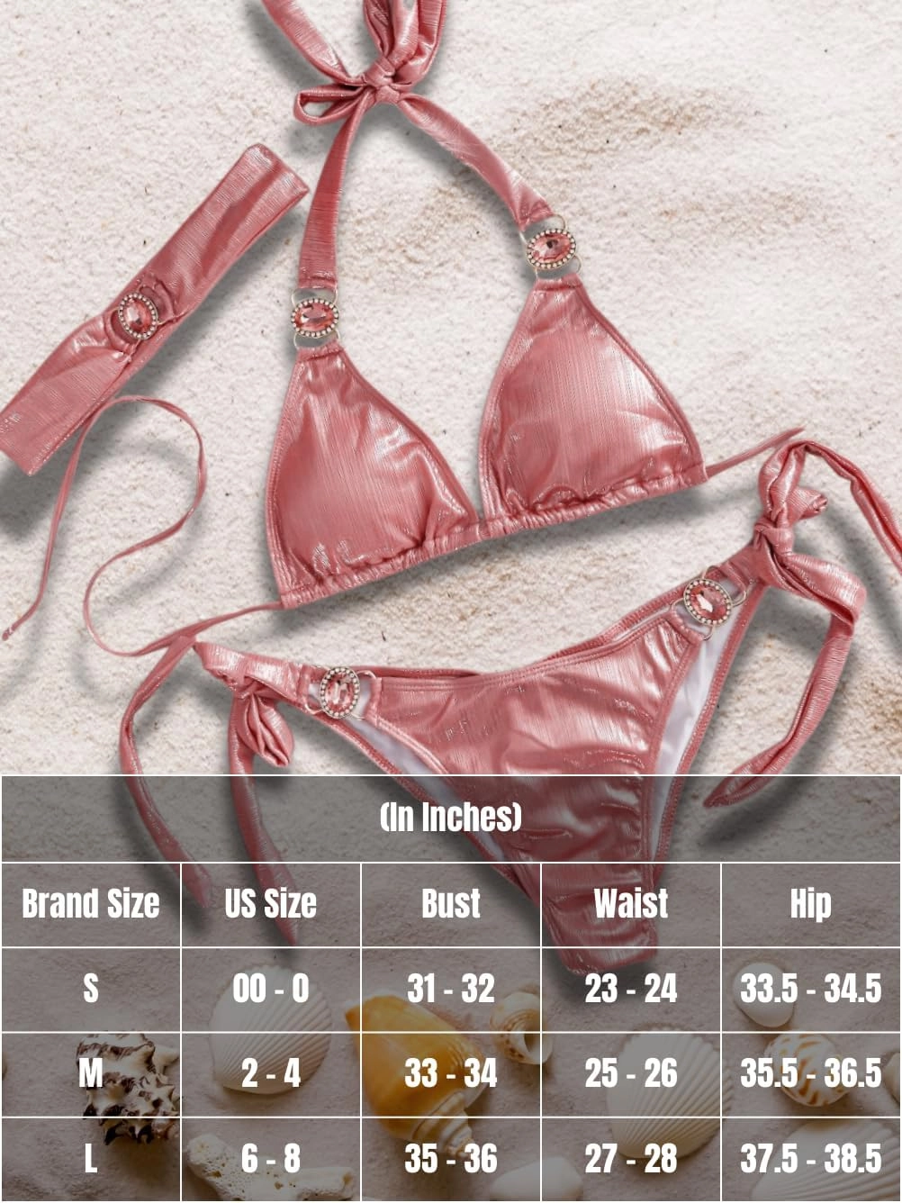 Womens Sexy Triangle Metallic Bikini Set, Crystal Rhinestone Headband Halter Swimsuit, Cheeky Tie Ruched Bathing Suit