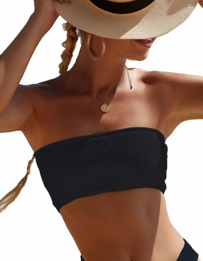 YIMISAN Women's Ribbed Strapless Bandeau Bikini Top Padded Tube Bathing Suit Top