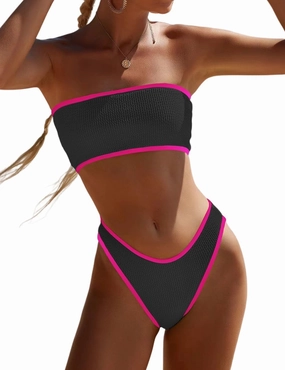 YIMISAN Women's Two Piece Bandeau Swimsuit Ribbed Strapless Tube Bikini Top with Mid Waist Cheeky Bottom Bathing Suit
