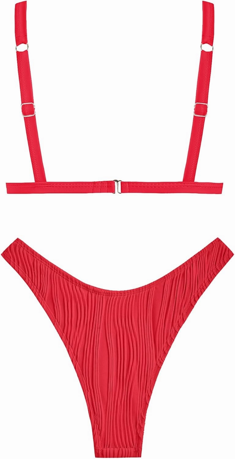 ZAFUL Women's Sexy Two Piece Swimwear Textured Triangle Plunging Neck High Cut Cheeky Bikini Set Solid Color Swimsuit