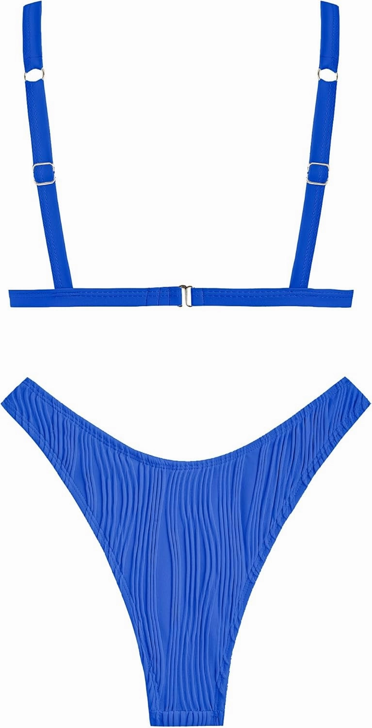 ZAFUL Women's Sexy Two Piece Swimwear Textured Triangle Plunging Neck High Cut Cheeky Bikini Set Solid Color Swimsuit
