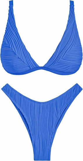 ZAFUL Women's Sexy Two Piece Swimwear Textured Triangle Plunging Neck High Cut Cheeky Bikini Set Solid Color Swimsuit