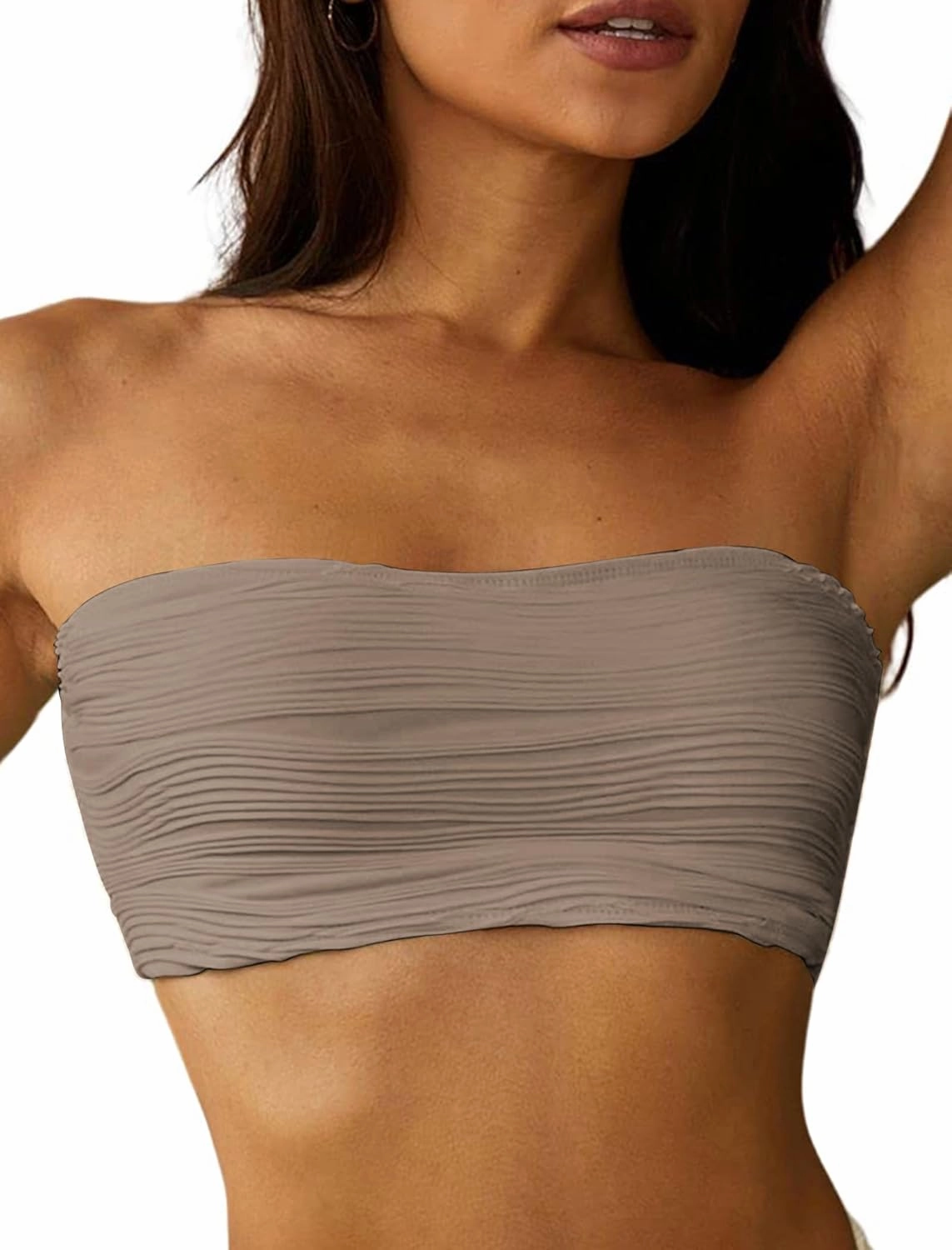 ZAFUL Women Textured Bandeau Bikini Top Lace up Strapless Swimsuit Solid Color High Cut Bathing Suits Top Only