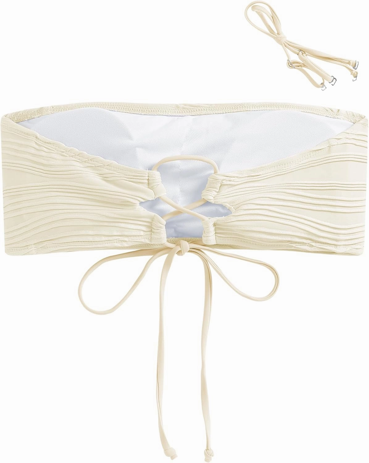 ZAFUL Women Textured Bandeau Bikini Top Lace up Strapless Swimsuit Solid Color High Cut Bathing Suits Top Only