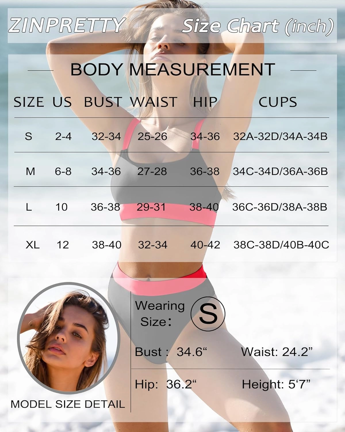 ZINPRETTY Women High Waisted Bikini Sets Color Block Swimsuits 2 Piece Bathing Suits Tummy Control Sporty Teens