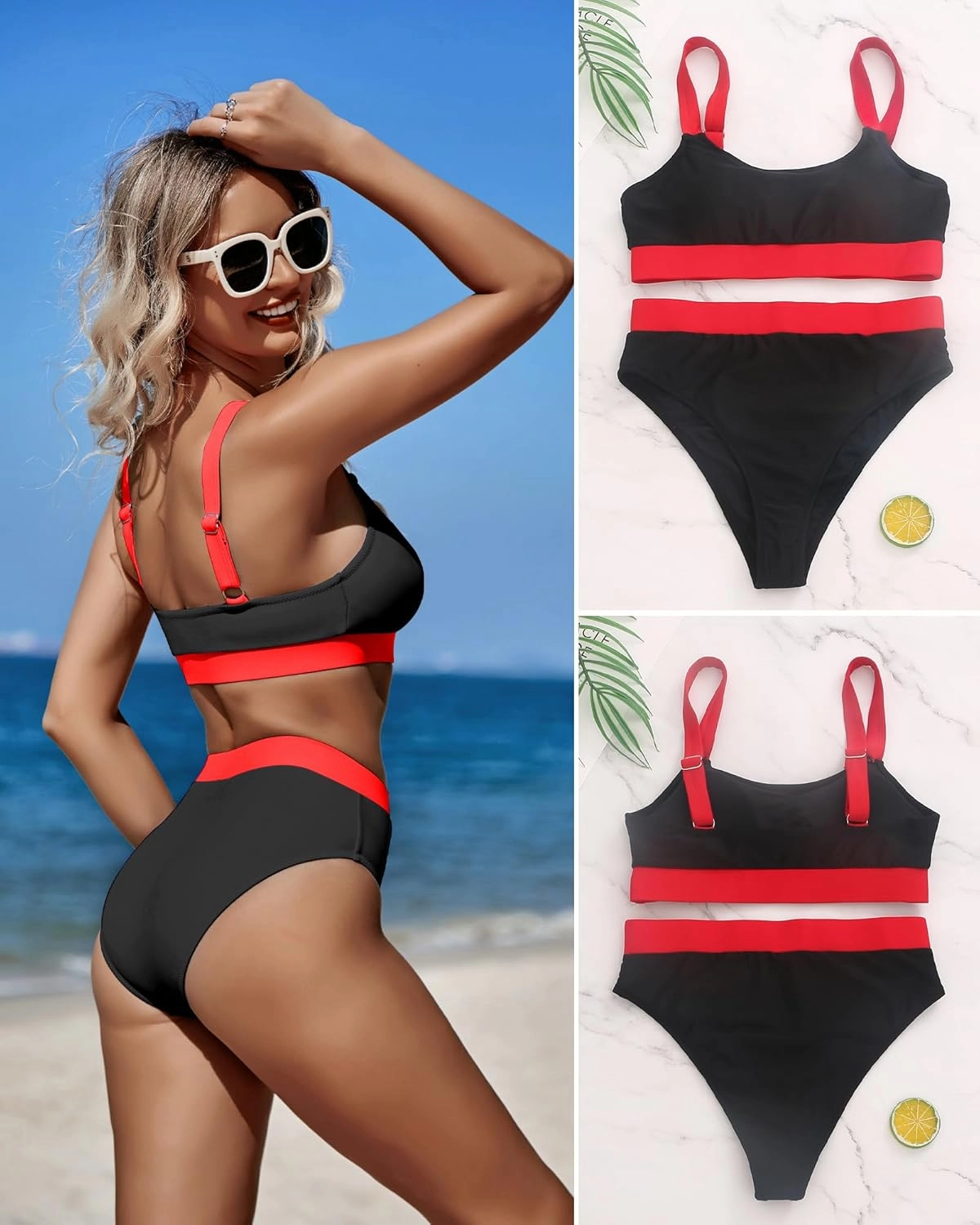 ZINPRETTY Women High Waisted Bikini Sets Color Block Swimsuits 2 Piece Bathing Suits Tummy Control Sporty Teens